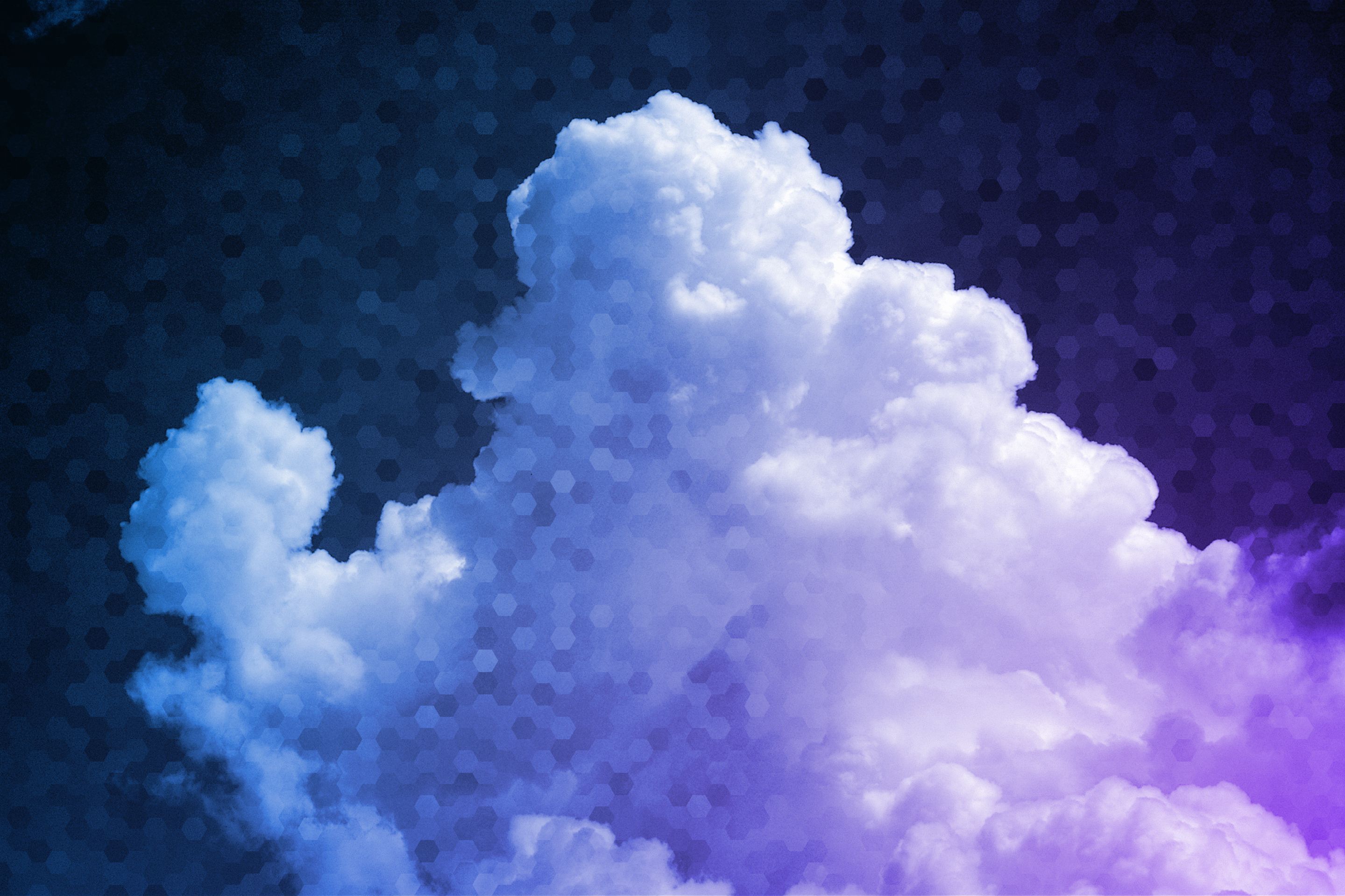 Large billowing cumulus cloud against a dark sky, rendered in a blue to purple gradient with a faint hexagonal pattern overlay, giving a calm technical mood